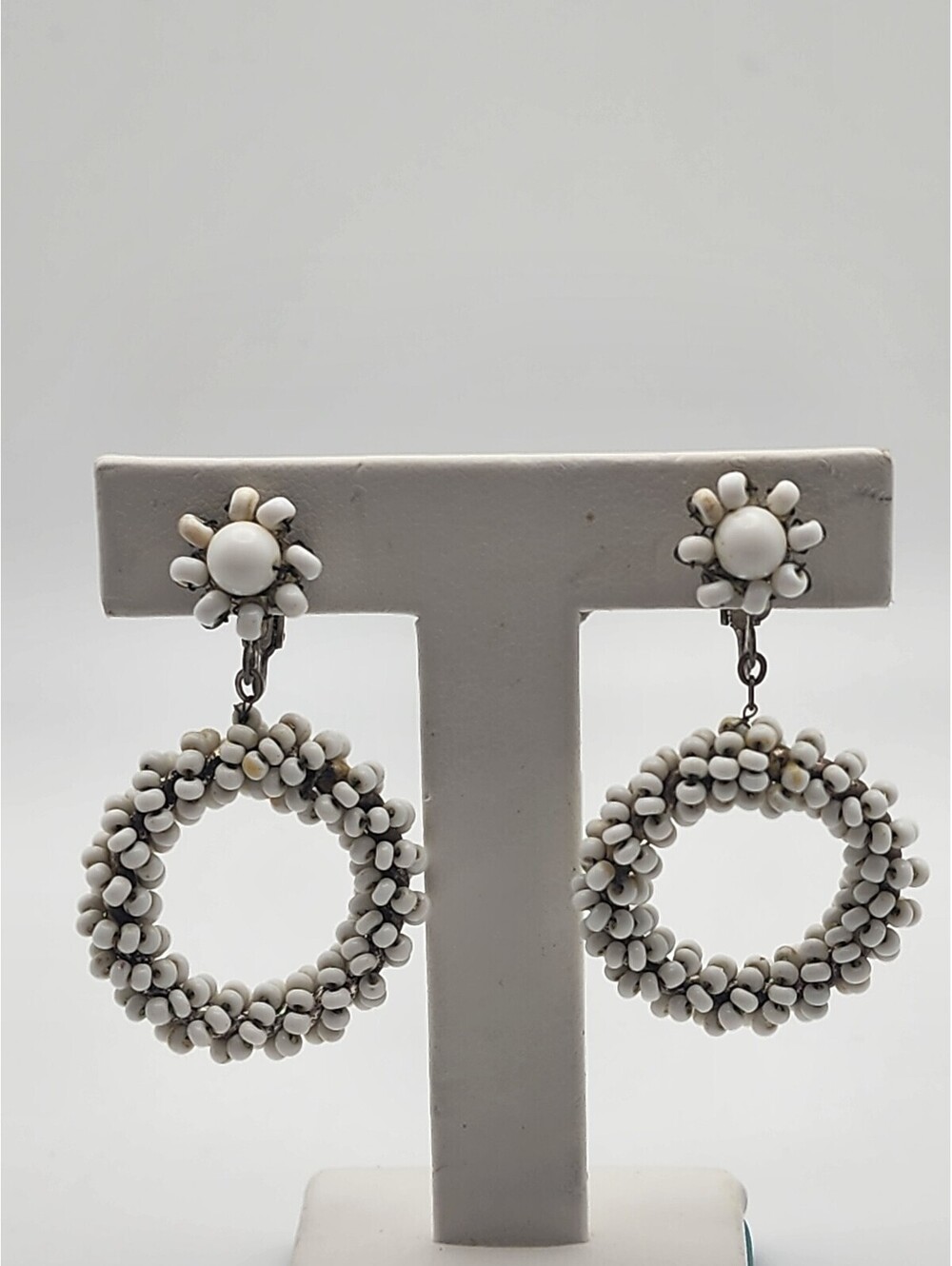 Vintage 60's Miriam Haskell White Beaded Hoop Dangle Clip-On Earrings